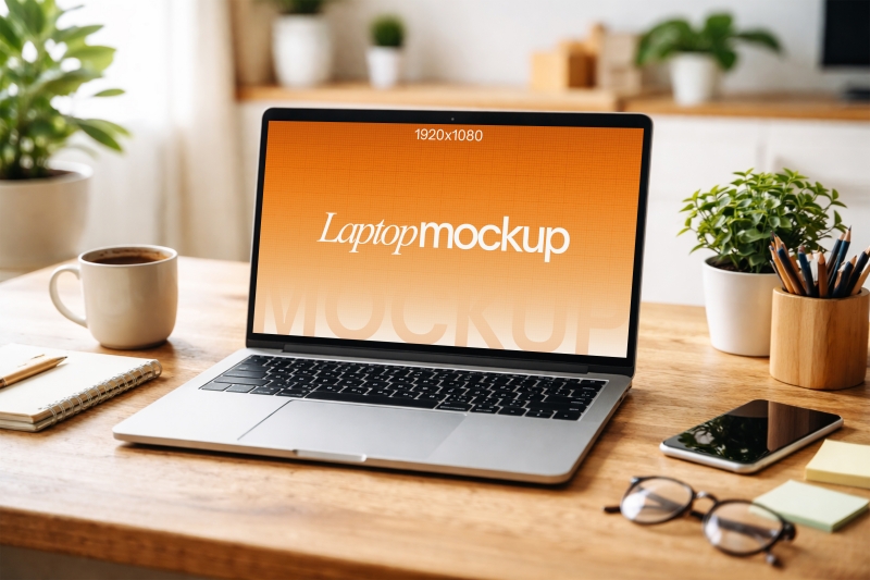 Foto für Web Design, aufgeklappter Laptop auf Schreibtisch mit Utensilien drum herum
